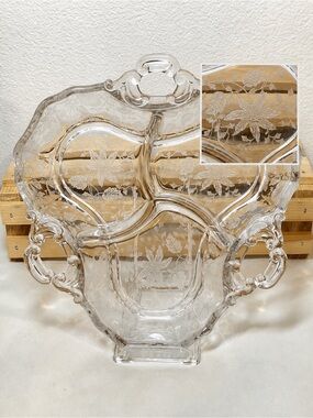 Cambridge Glass “Chantilly” Pattern Etched Clear Glass Tri-Divided Serving Dish